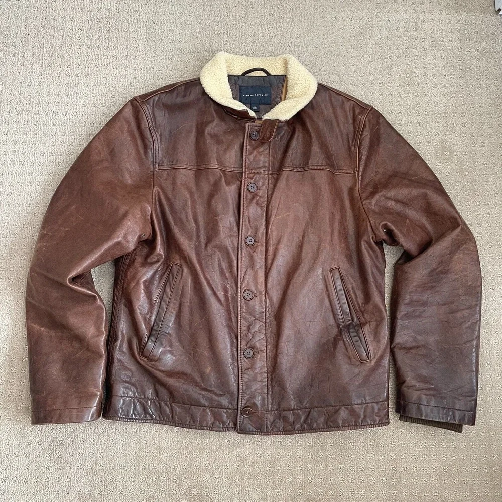 Banana‎ Republic Bomber Jacket Men Large Brown Leather Chinstrap Sherpa Collar